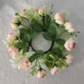 Close-up of floral candle wreath with tea roses and baby's breath - Light Pink