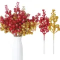 Artificial glitter berry branches red gold Christmas vase decor floral arrangement. - Red and Yellow 36-Piece Set