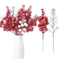 Artificial red white glitter berry stems for Christmas and New Year floral arrangement decor. - Red and White 36-Piece Set