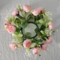 Detailed view of artificial pink rose and baby's breath floral candle ring wreath - Pink