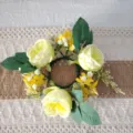 Elegante corona de velas de rosas amarillas artificiales para mesa de fiesta y boda - Guirnalda Amarillo-Verde Austin