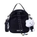 Black nylon bucket crossbody bag with cute cloud plush pendant, casual water bottle bag - One Size / Black