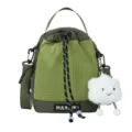 Green grid canvas shoulder bag bucket bag with cute cloud plush pendant for daily casual use. - Green
