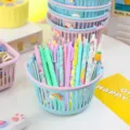 Cute pastel blue mini storage basket for desk stationery and school supplies - Round Cartoon Style (Random Pattern) / Round