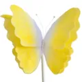 Detailed view of the yellow gradient felt butterfly decoration with delicate pearl accents and stick. - Yellow