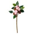 Artificial pink cotton branch with pine cones, green leaves, home Christmas decor prop. - Pink