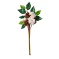 Detailaufnahme des künstlichen Blumenastes mit Baumwolle und Zapfen für die Heimdekoration. - Weiß