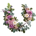 Detailansicht von künstlichen Hochzeitsbogenblumen mit lila Rosen und Blattwerk. - Lintel Blumenreihe (Große und Kleine Stücke) / Lila
