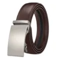Classic men's brown leather belt with automatic silver buckle for business casual style - Gun Plate Style (Gun Plate Buckle) / 110cm / Brown