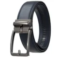 Detail of navy blue leather belt with gunmetal automatic buckle and blue stitching - 120cm / Matte Gunmetal Buckle + Blue Strap