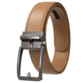 Close-up of men's leather belt with gunmetal automatic buckle and textured strap - 120cm / Matte Gunmetal Buckle + Khaki Strap
