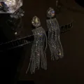 Glamorous exaggerated long rhinestone tassel drop earrings with 925 silver needle - Black Tassel (33#)