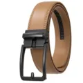 Detailed close-up of brown textured leather belt with black matte automatic buckle - 120cm / Matte Black Buckle + Earth Yellow (20 Pattern)