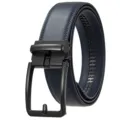 Close-up detail showing the texture of navy blue leather belt and black automatic buckle - Matte Black Buckle + Blue Belt / 120cm