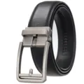 Detailed macro view of men's black leather belt with brushed metal automatic buckle. - 120 / Matte Gunmetal Buckle + Black (118 Pattern)
