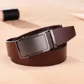 Classic business men's brown leather belt with elegant gunmetal automatic buckle - 105cm / Coffee