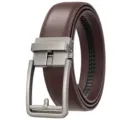Detailed view of men's brown leather belt featuring a sleek silver automatic buckle - 120 / Matte Brushed Gunmetal Buckle + Coffee Brown (118 Pattern)