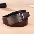 Classic dark brown genuine leather belt for men with a sleek metallic automatic buckle. - 105cm / Coffee Litchi Grain