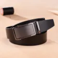 Classic black leather business belt with gunmetal grey automatic buckle for men. - 105cm / Black