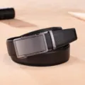 Classic black top layer cowhide belt with gunmetal automatic buckle for professional men - 105cm / Black Litchi Pattern