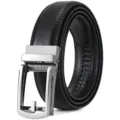 Elegant black genuine leather business belt for men featuring silver automatic buckle - Black (Silver Buckle) / 110cm