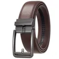 Close-up detail of a brown leather belt featuring a dark metal automatic buckle - 120cm / Matte Gunmetal Buckle + Coffee Strap