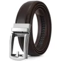 Men's dark brown leather business belt with sleek silver automatic buckle mechanism - Coffee (Silver Buckle) / 110cm