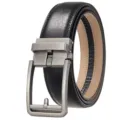Close-up detail of men's black split leather belt with brushed metal automatic buckle - 120 / Matte Gunmetal Buckle + Black (122 Pattern/268 Yellow Bottom)