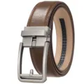 Detailed macro shot of brown leather men's belt with a matte silver automatic buckle - 120cm / Matte Gunmetal Buckle + Yellow-Brown Belt