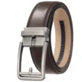 Close-up detail of a men's brown textured leather belt with a sleek automatic buckle - 120 / Matte Gunmetal Buckle + Brown (122 Pattern/268 Yellow Bottom)