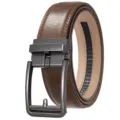 Close-up detail of a brown leather men's belt with an automatic gunmetal buckle and stitching - 120cm / Matte Gunmetal Buckle + Yellow-Brown Strap (122 Pattern)