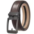 Close-up detail of men's brown textured leather belt with sleek black automatic buckle - 120cm / Matte Gunmetal Automatic Buckle (25950-3) / Brown