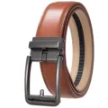 Close-up detail of brown men's leather belt with stylish gunmetal automatic buckle - 120cm / Matte Gunmetal Buckle + Red-Brown Strap (122 Pattern)