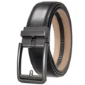Detailed view of men's black cowhide leather belt featuring a gunmetal automatic buckle. - 120cm / Matte Gunmetal Automatic Buckle (25950-3) / Black