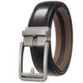 Detail view of a men's split leather belt featuring a brushed metal automatic buckle - 120cm / Matte Gunmetal Buckle + Black Strap (25950-2)