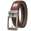 Detailed close-up of men's brown leather belt with a brushed metal automatic buckle - 120cm / Matte Gunmetal Buckle + Yellow-Brown Strap (25950-2)
