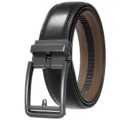 Close-up detail of men's black leather belt with automatic matte metal buckle - 120cm / Matte Gunmetal Buckle + Black Belt (3633)