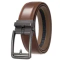 Detailed view of men's brown leather belt featuring a sleek gunmetal automatic buckle - 120cm / Matte Gunmetal Buckle + Tan Belt (3633)