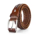 Brown hand-woven leather belt with classic silver needle buckle for men - 105cm / Upgraded Brown