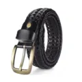 Elegant hand-woven leather belt with a vintage needle buckle in dark brown - Regular Fit / 105cm / Brown