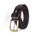 Elegant dark brown handmade woven leather belt featuring a classic antique gold pin buckle - Regular Fit / 105cm / Burgundy