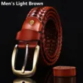Hand-woven men's leather belt with needle buckle in stylish light brown color. - 105cm / Standard Brown