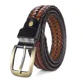 Handmade brown woven leather belt for men with a vintage brass pin buckle accessory - 105cm / Standard Bicolor
