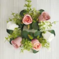 Artificial eucalyptus candle ring wreath pink white rose floral home holiday table decor - Dusty Pink and White