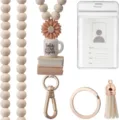 Teacher beaded lanyard set with ID badge holder, silicone wood beads and key ring for daily office work - Style A Book, Coffee & Flower Lanyard