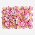 Artificial flower wall panel with pink roses and yellow carnations for wedding - 40 Pink Roses Style