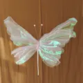 Large iridescent pink gauze butterfly decoration with a long white wand for wedding atmosphere - Bright Pink