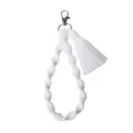 White macrame keychain handmade braided wristlet lanyard with tassel and metal clasp. - White