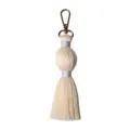Handmade woven cotton tassel keychain bag charm in beige with gold tone metal clasp. - 15cm/5.90in / Silver Gray