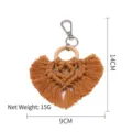 Handmade macrame heart-shaped keychain with tassel and wooden ring decoration in brown color - Brown
